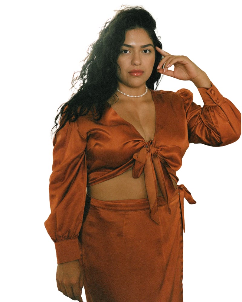 Front of a model wearing a size 3X Lauren Top in Rust by Whimsy and Row. | dia_product_style_image_id:282533